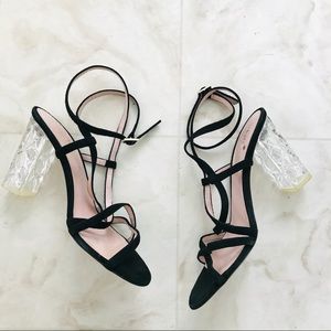 Kate Spade Made in Italy Clear Block Heel Black Suede Strappy Sandals (size 7B)